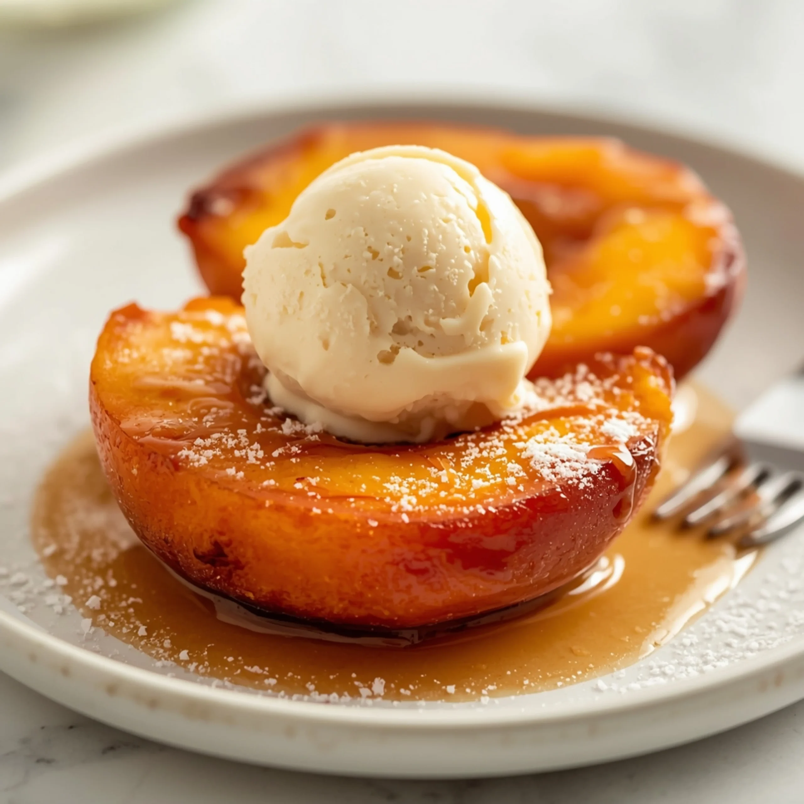 Close-up of Air Fryer Miso-Maple Peaches dessert with glossy finish and elegant toppings