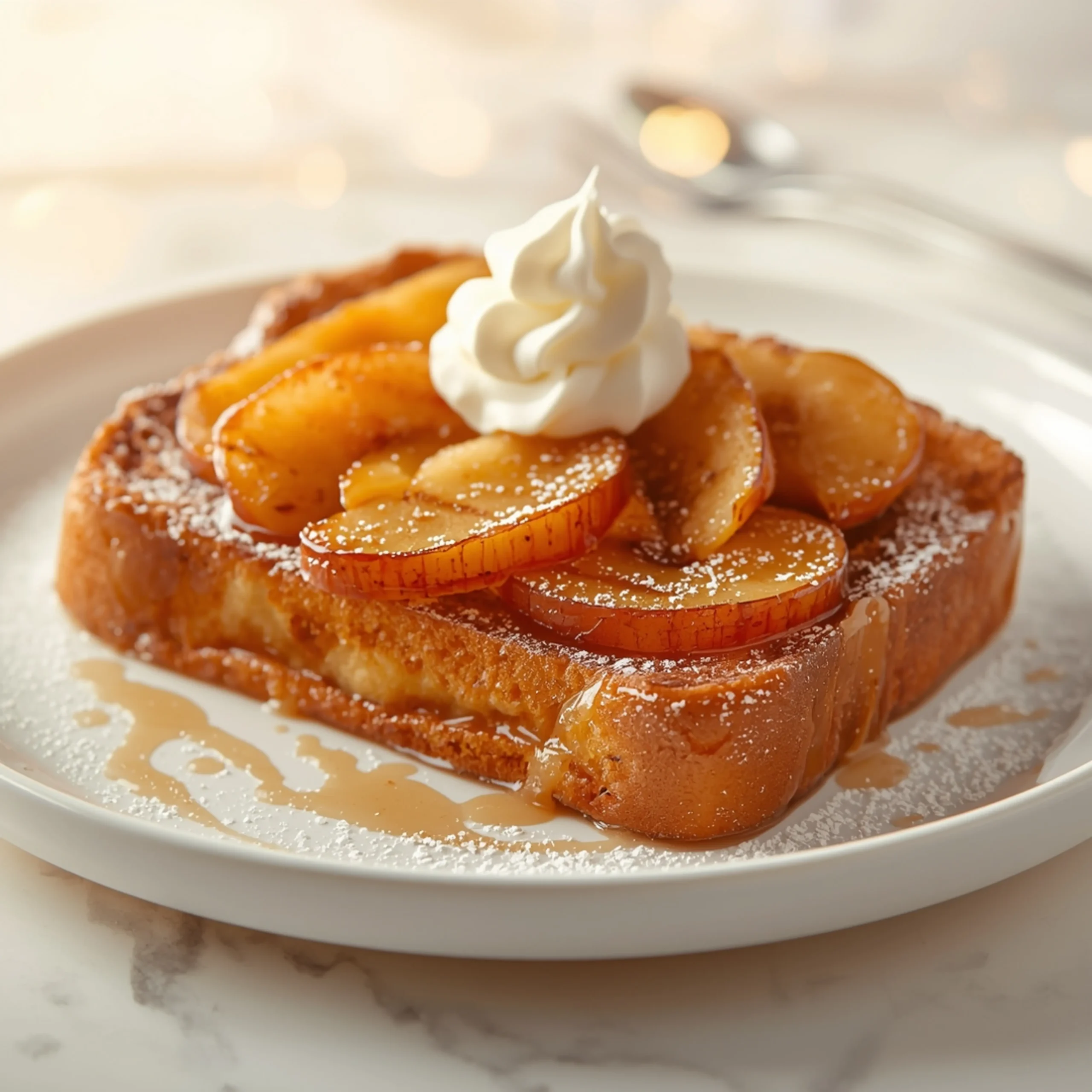 Close-up of Apple Cinnamon Toast dessert with glossy finish and elegant toppings