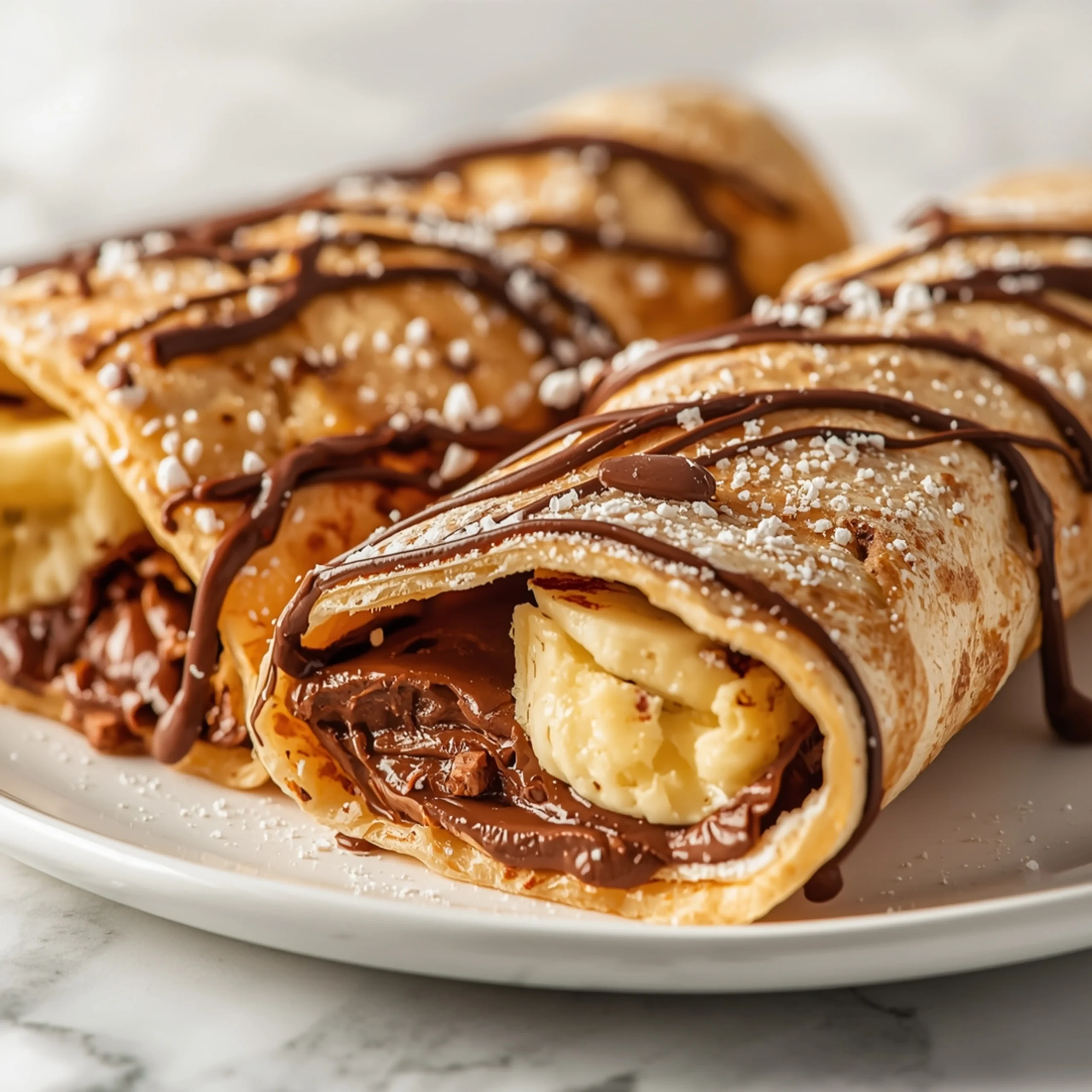Close-up of Banana Nutella Wraps dessert with glossy finish and elegant toppings