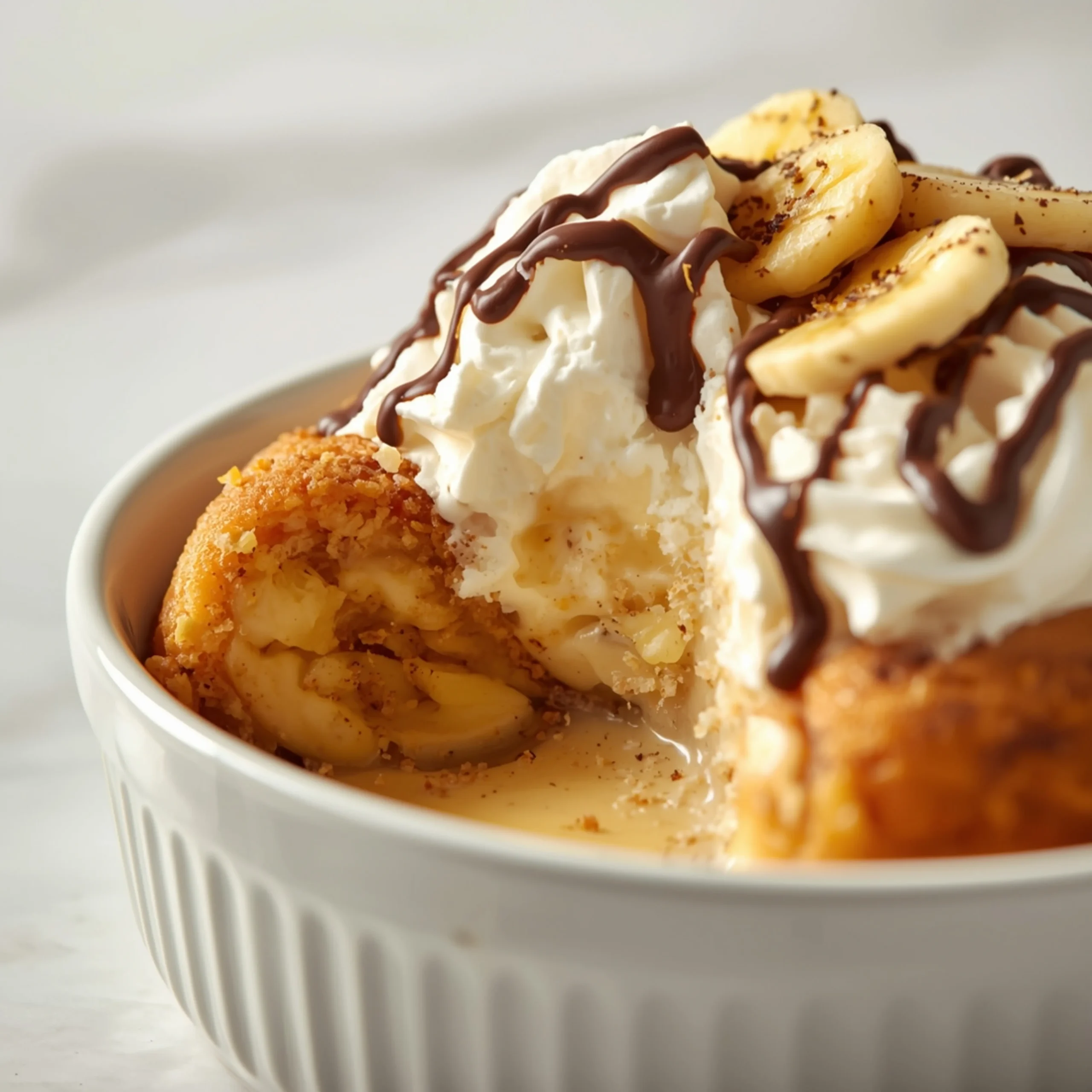 Close-up of Banana Split Dump Cake dessert with glossy finish, whipped cream, chocolate drizzle, and sliced bananas
