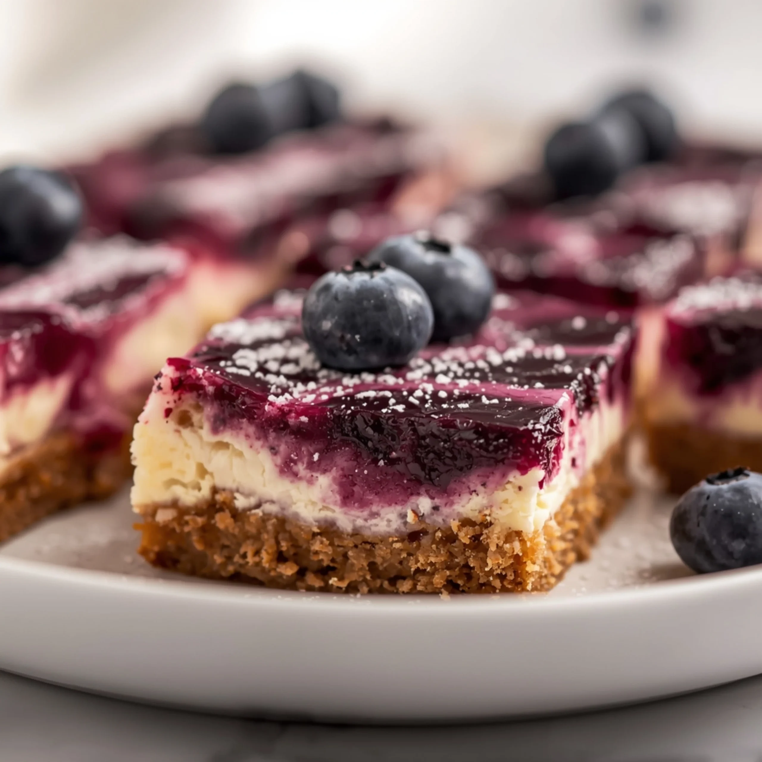 Close-up of Blueberry Cheesecake Bars dessert with glossy finish and elegant toppings