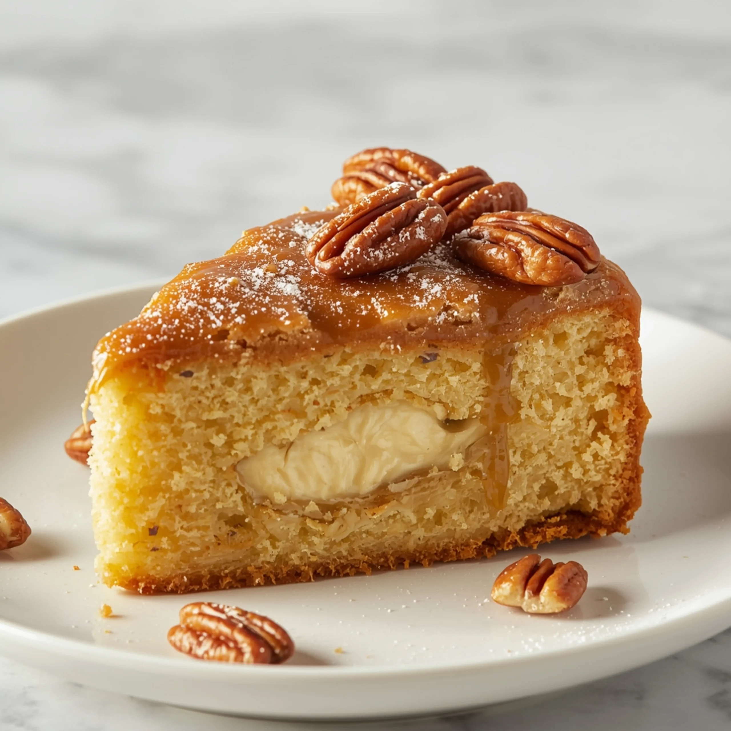Close-up of Butter Pecan Praline Poke Cake dessert with glossy finish and elegant toppings