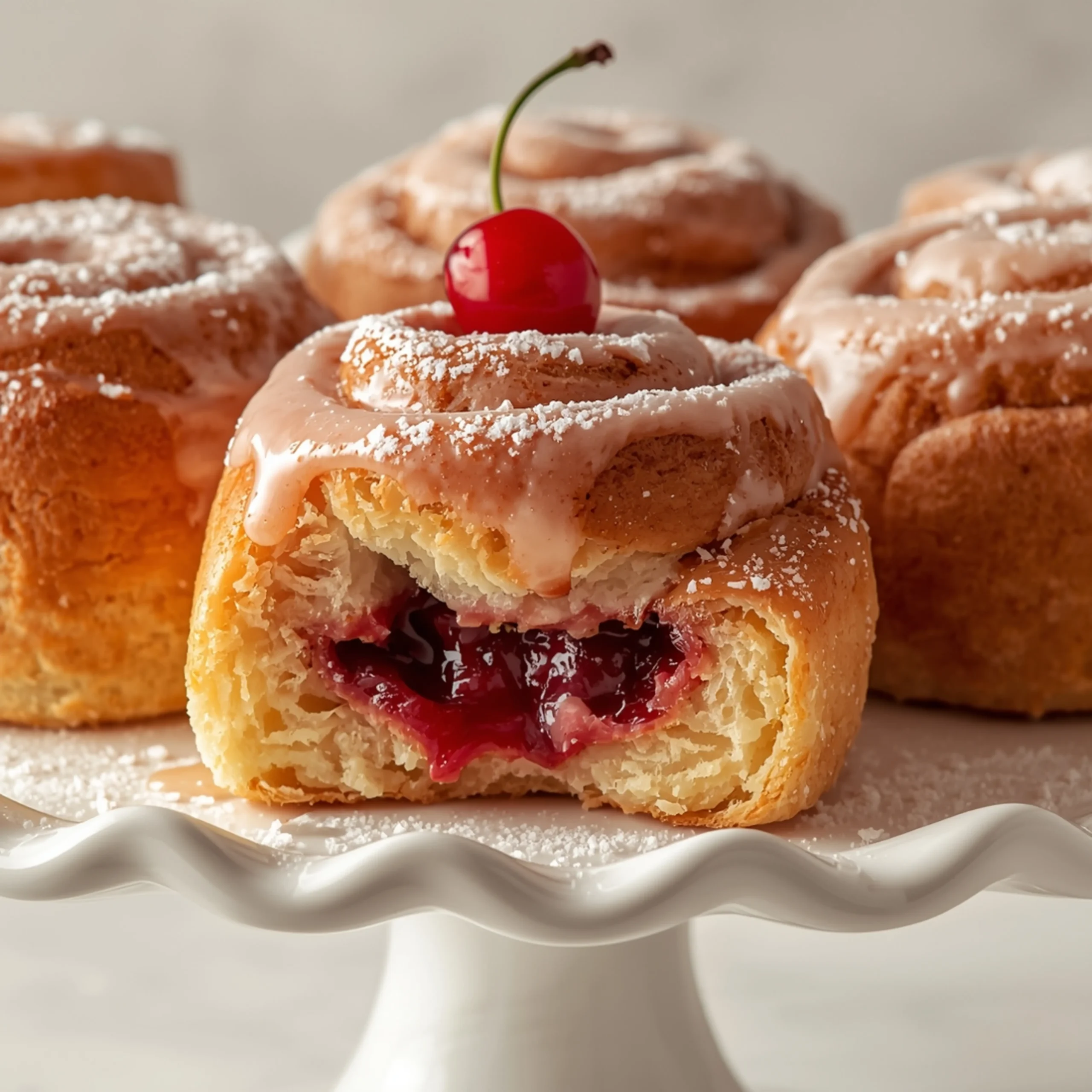 Close-up of Cherry Cinnamon Rolls with Homemade Filling dessert with a soft texture and elegant garnish