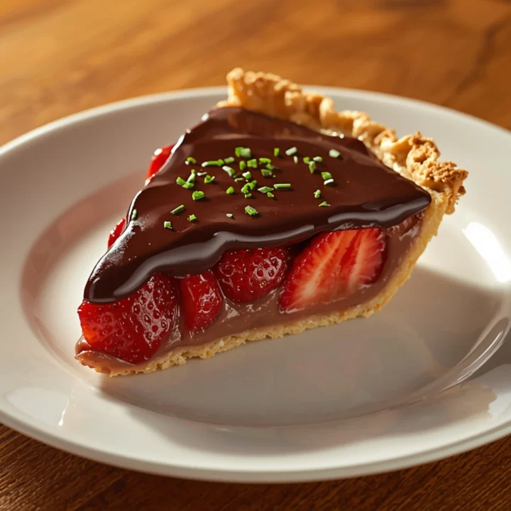 A close-up, high-angle shot of a slice of rich Chocolate Covered Strawberry Pie on a white ceramic plate, garnished with finely chopped fresh parsley, featuring glistening chocolate ganache and ripe strawberries, set against a warm wooden table background.