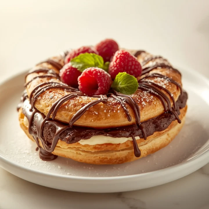 Close-up of Chocolate Cream Cheese Danish dessert with a soft texture and elegant garnish on a white ceramic plate.