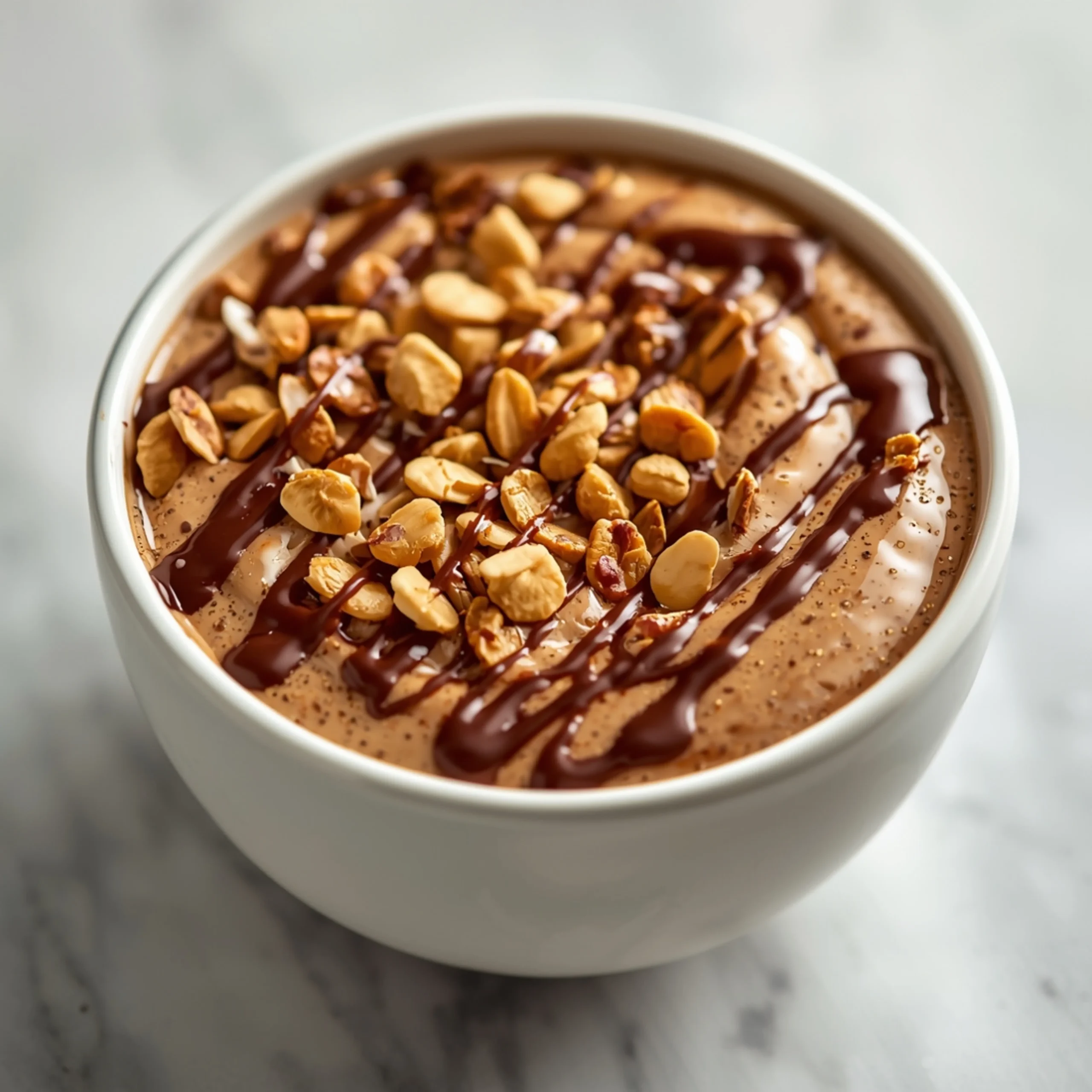 Close-up of Chocolate Peanut Butter Smoothie Bowl dessert with glossy finish and elegant toppings