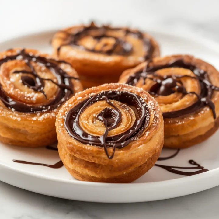 Close-up of Chocolate Puff Pastry Pinwheels dessert with glossy finish and elegant toppings