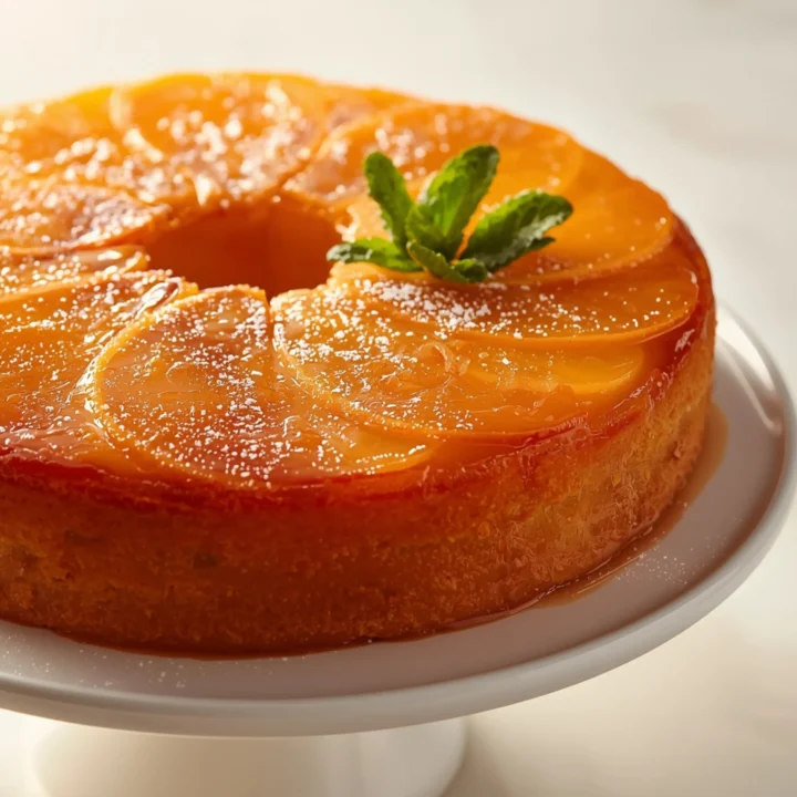 Close-up of Citrus Upside-Down Cake dessert with a soft texture and elegant garnish