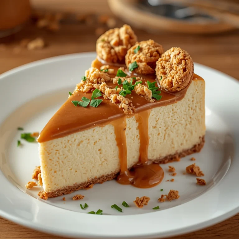 A close-up, 45-degree angle shot of a creamy slice of Biscoff Cookie Butter Cheesecake on a clean white plate, topped with golden-brown cookie butter, glistening sauce, and Biscoff crumbles. Generously garnished with finely chopped green parsley for vibrant color contrast, set on a warm wooden table with soft bokeh. Bright, warm lighting highlights the rich textures.