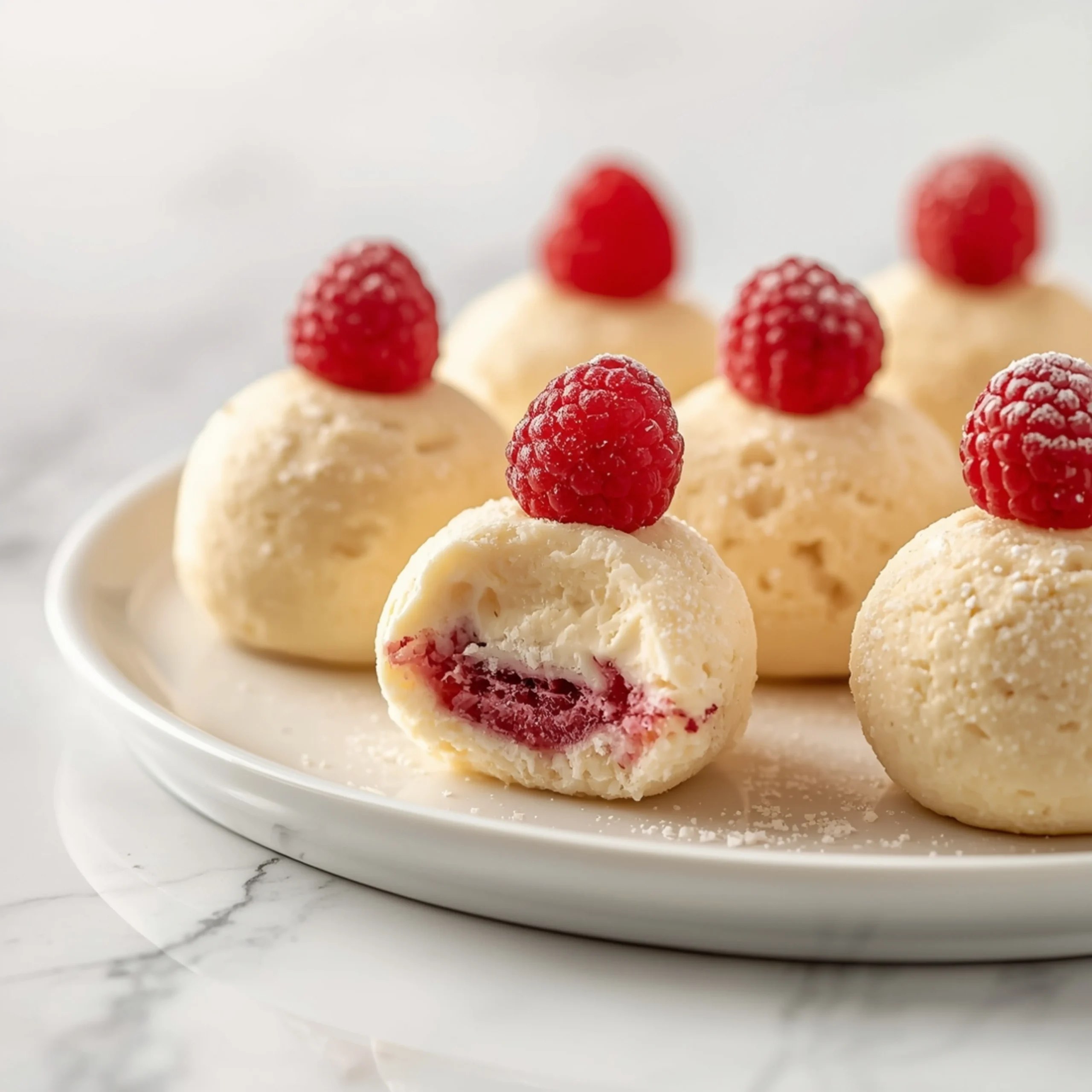 Close-up of Irresistible White Chocolate Raspberry Cheesecake Balls dessert with glossy finish and elegant toppings