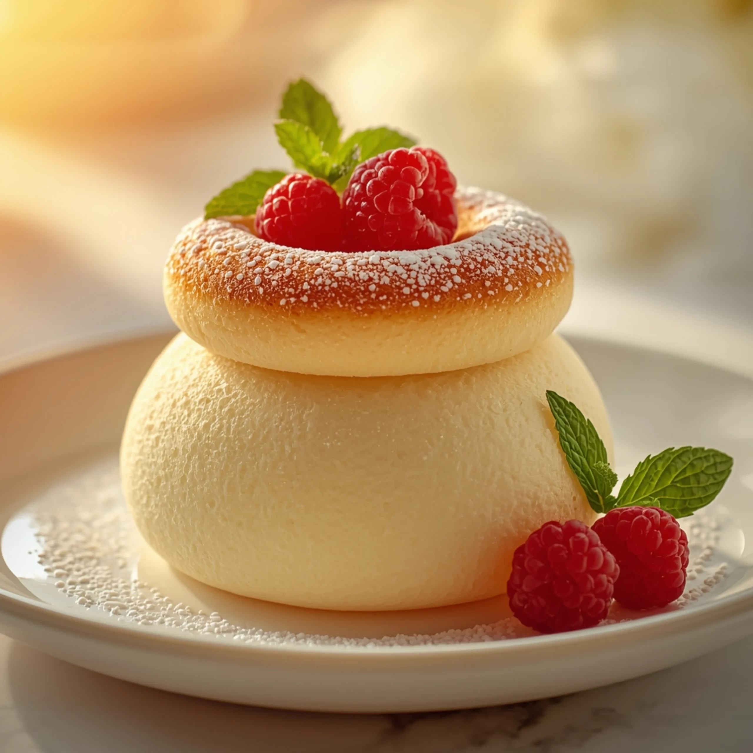 Close-up of Japanese Cloud Cake (Soufflé) dessert with a soft texture and elegant garnish