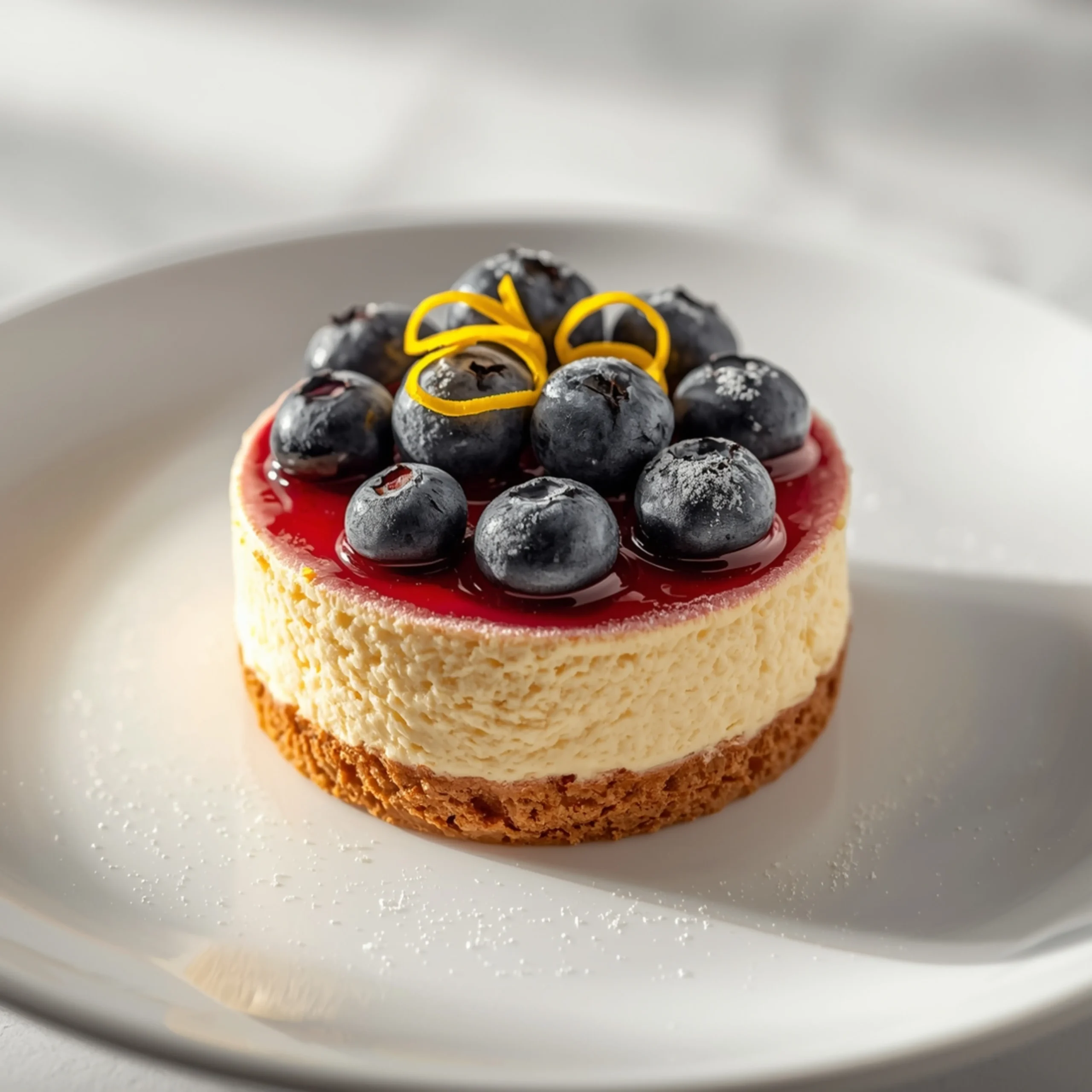 Close-up of Juicy Mini Lemon Blueberry Cheesecakes dessert with glossy finish and elegant toppings