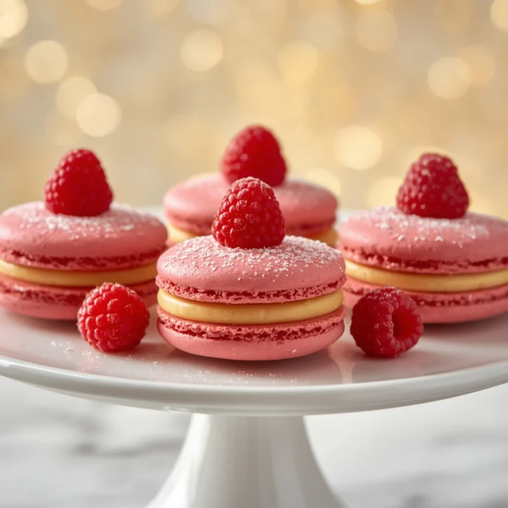 Close-up of Luxurious Raspberry Pistachio Macarons dessert with glossy finish and elegant toppings
