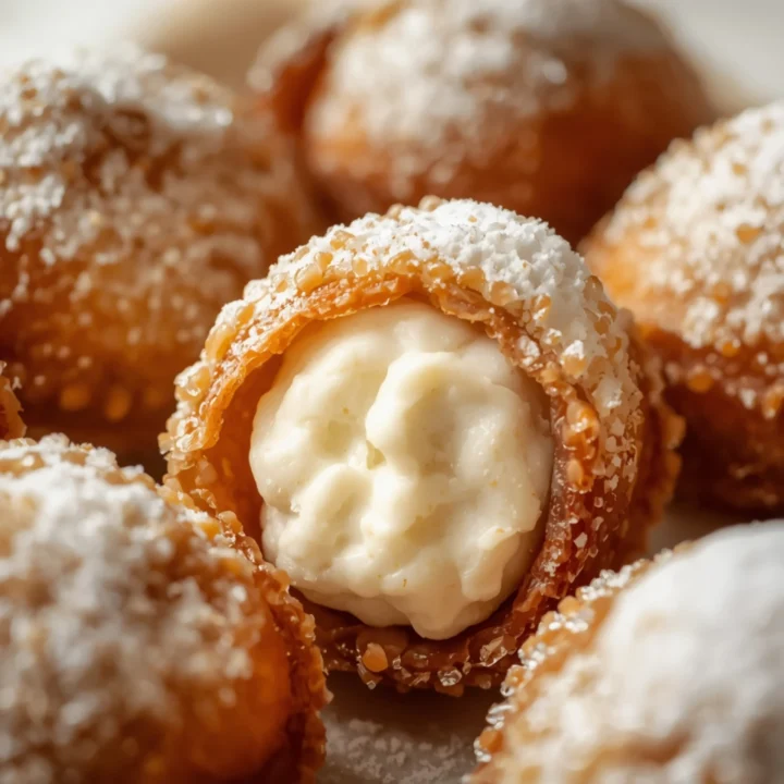 Close-up of Mini Cannoli Bites with creamy ricotta filling and powdered sugar on white marble