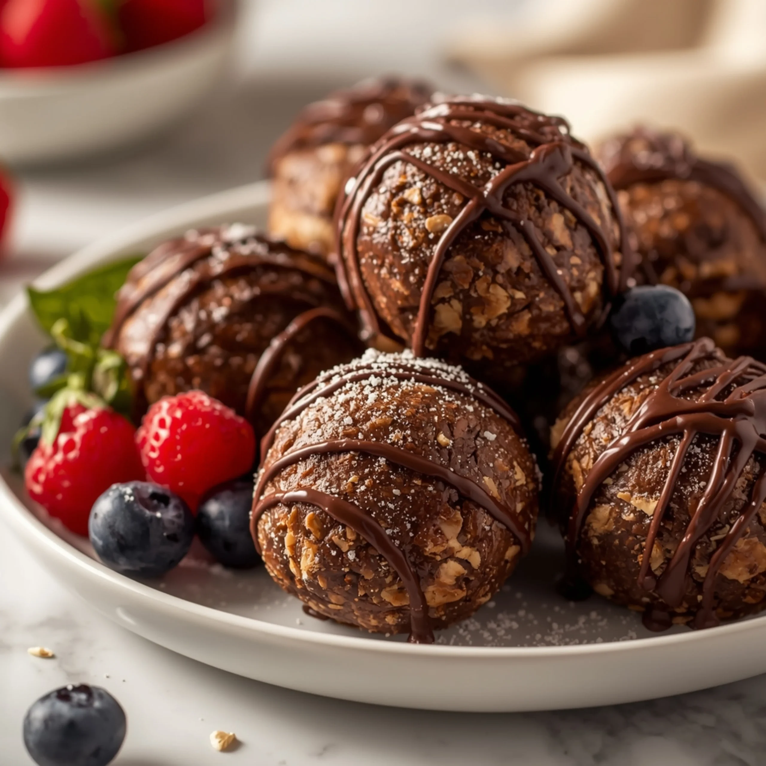 Close-up of No-Bake Chocolate Oat Balls dessert with glossy finish and elegant toppings