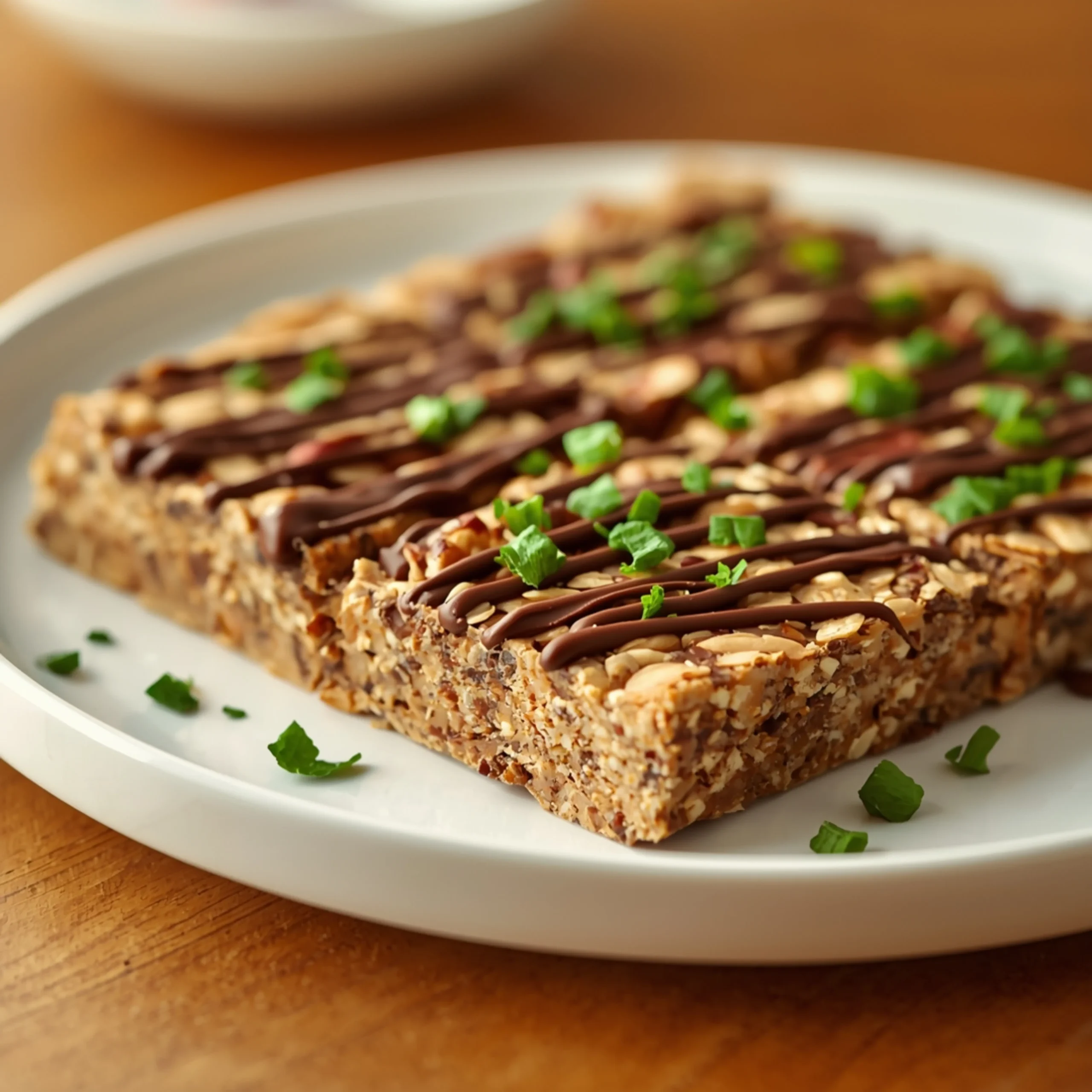 A high-angle close-up of rectangular No Bake Protein Bars on a white ceramic plate, featuring visible oats, nuts, and a glistening chocolate drizzle, garnished with finely chopped fresh mint leaves. The bars are sharply focused against a blurred warm wooden table background.