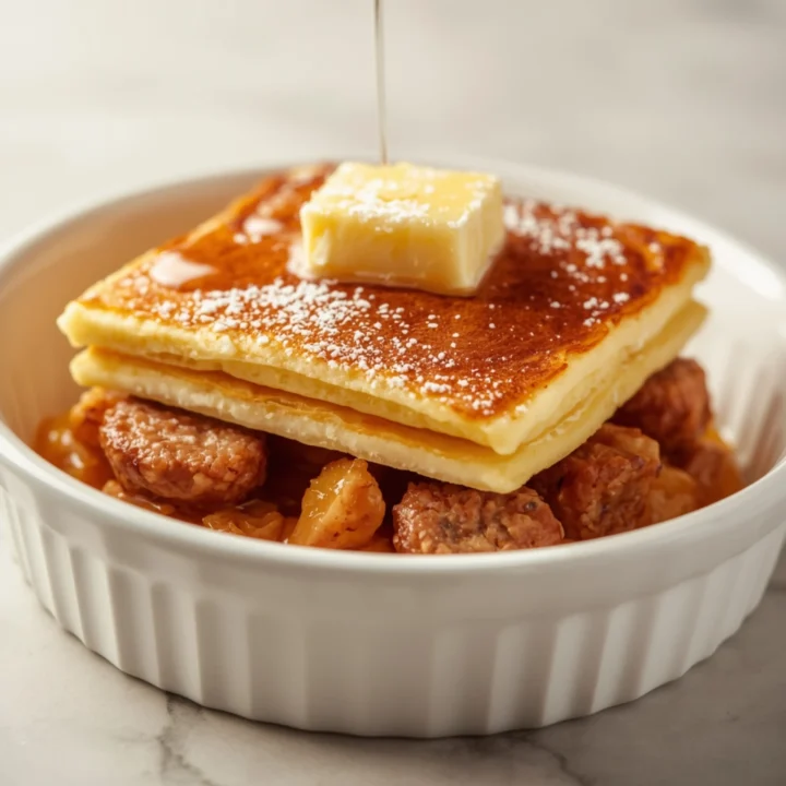 Close-up of Pancake Sausage Casserole dessert with glossy finish and elegant toppings