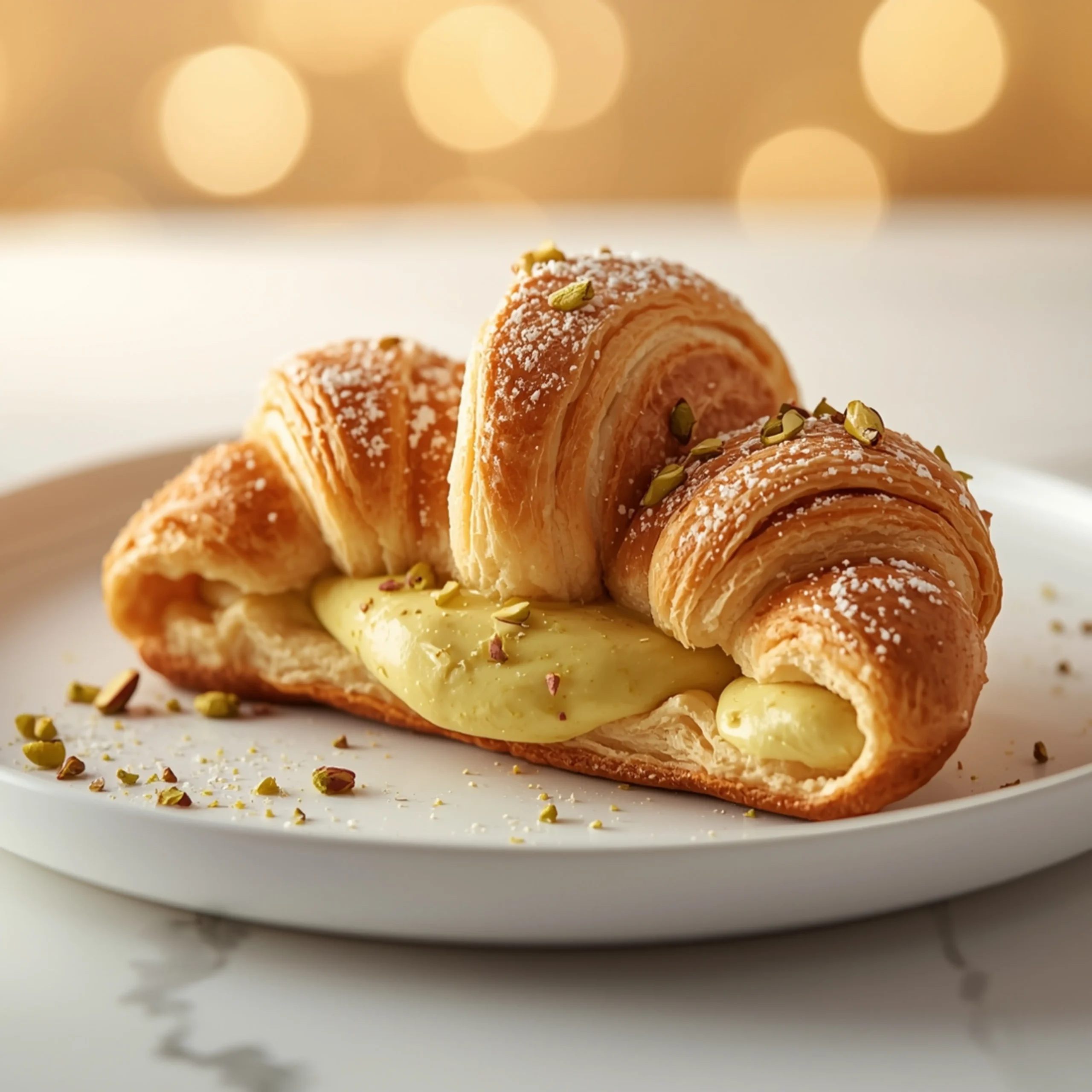 Close-up of Pistachio Cream Croissant dessert with glossy finish and elegant toppings