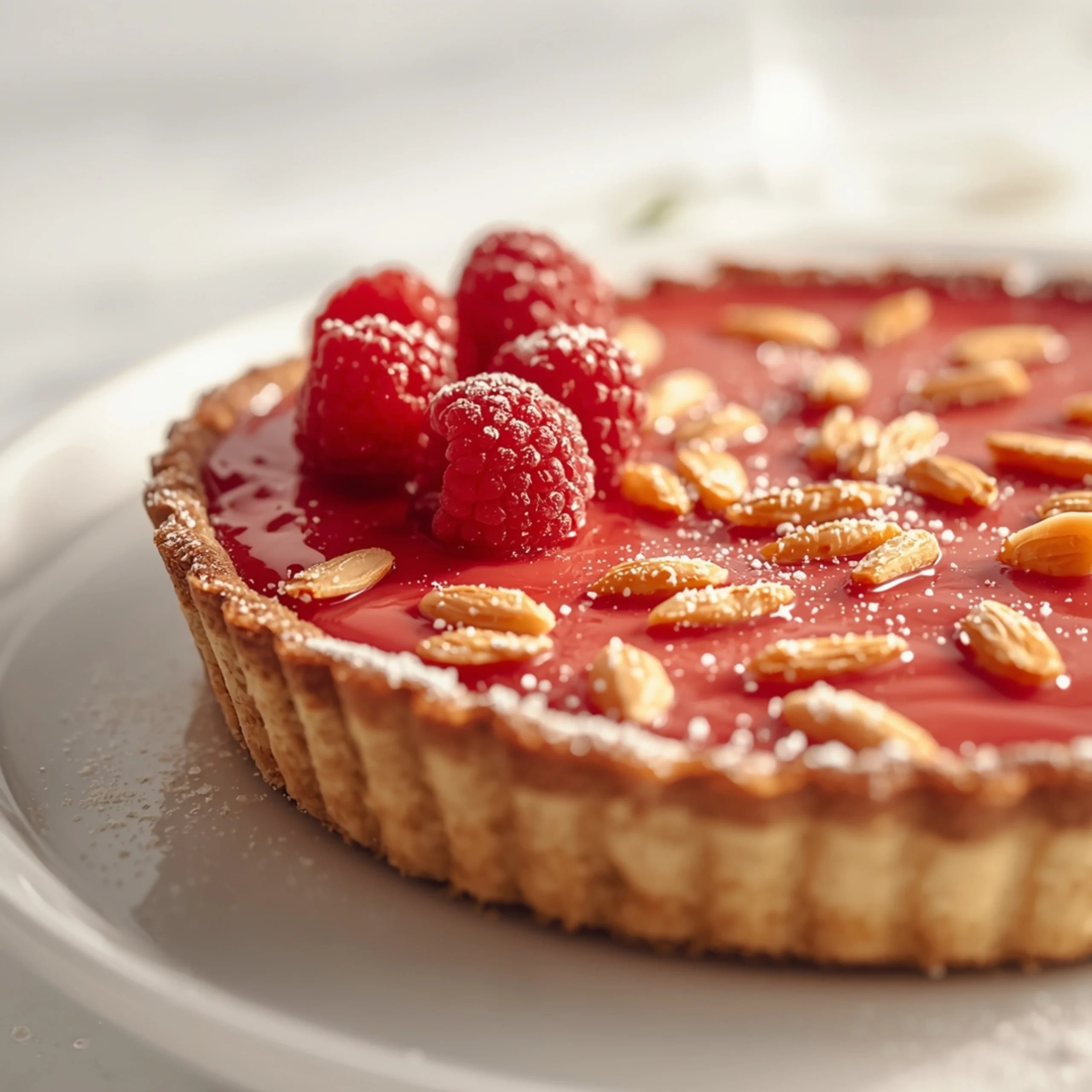 Close-up of Raspberry Almond Tart dessert with glossy finish and elegant toppings
