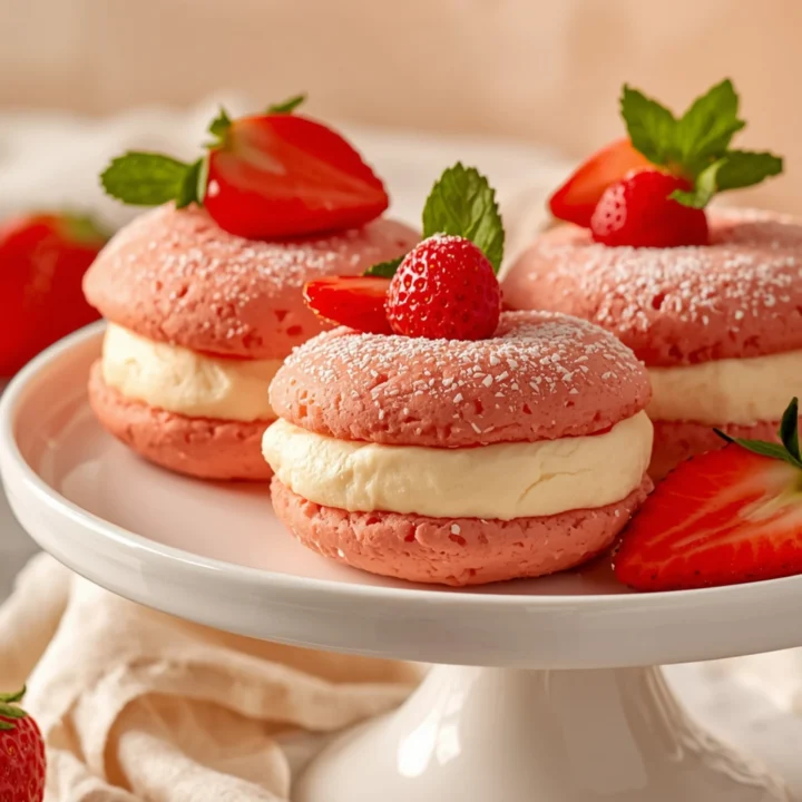 Close-up of Strawberries and Cream Whoopie Pies dessert with a soft texture and elegant garnish
