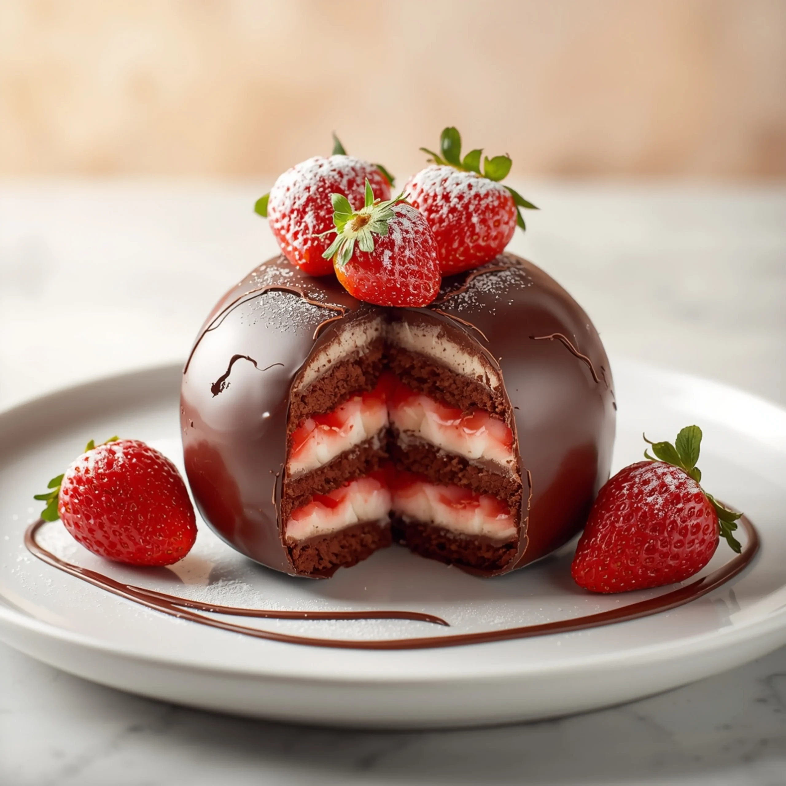 Close-up of Strawberry Chocolate Shell Cake dessert with glossy finish and elegant toppings