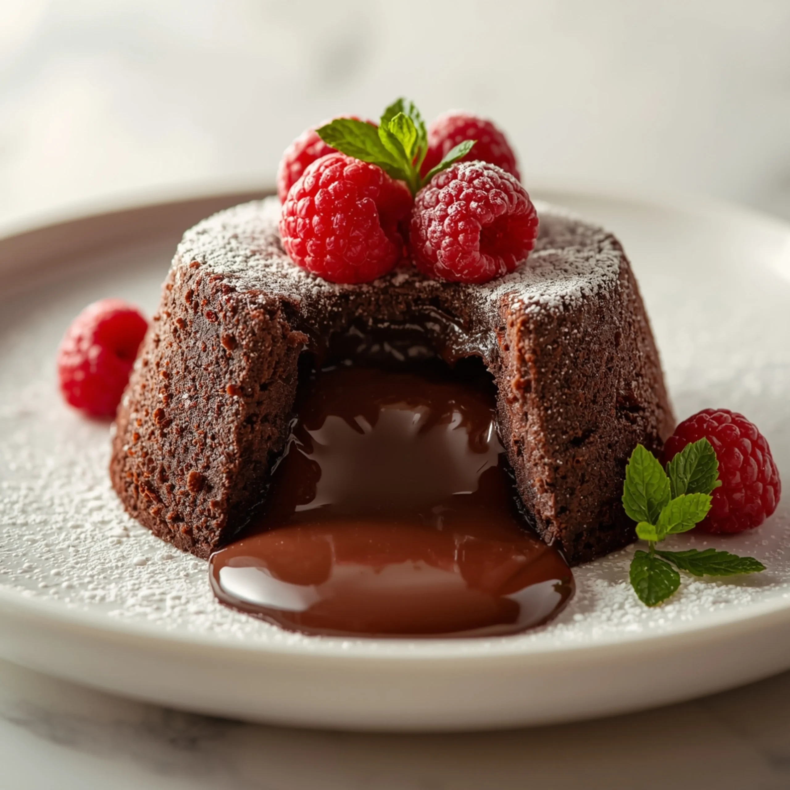 Close-up of molten chocolate lava cake with a soft texture and elegant raspberry and mint garnish