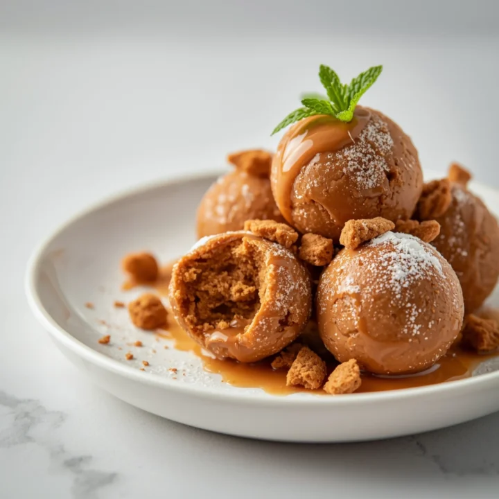 Close-up of Biscoff Cheesecake Protein Balls dessert with a soft texture and elegant garnish