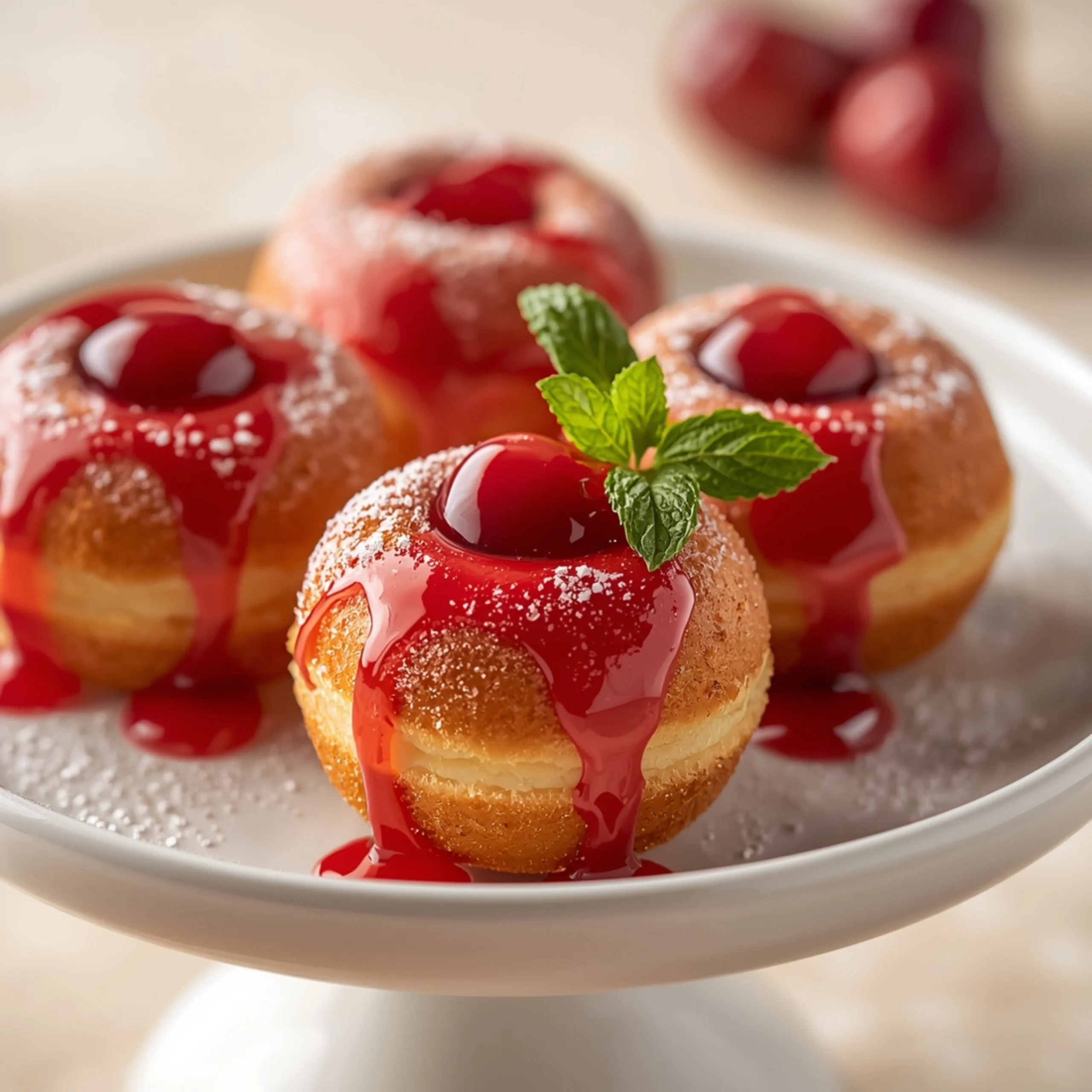 Close-up of Cherry Doughnut Holes dessert with a soft texture and elegant garnish