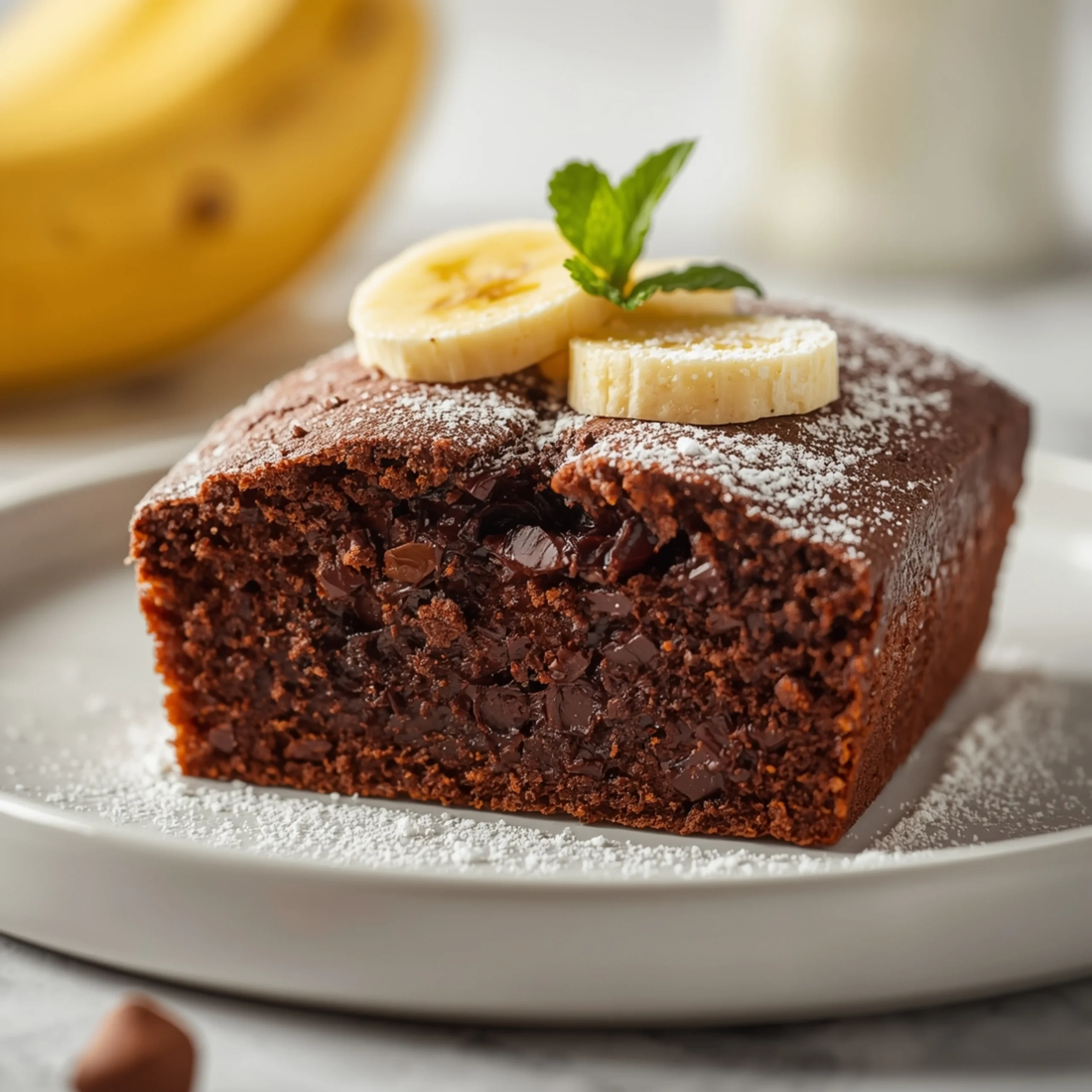 Close-up of High Protein Chocolate Banana Bread dessert with a soft texture and elegant garnish