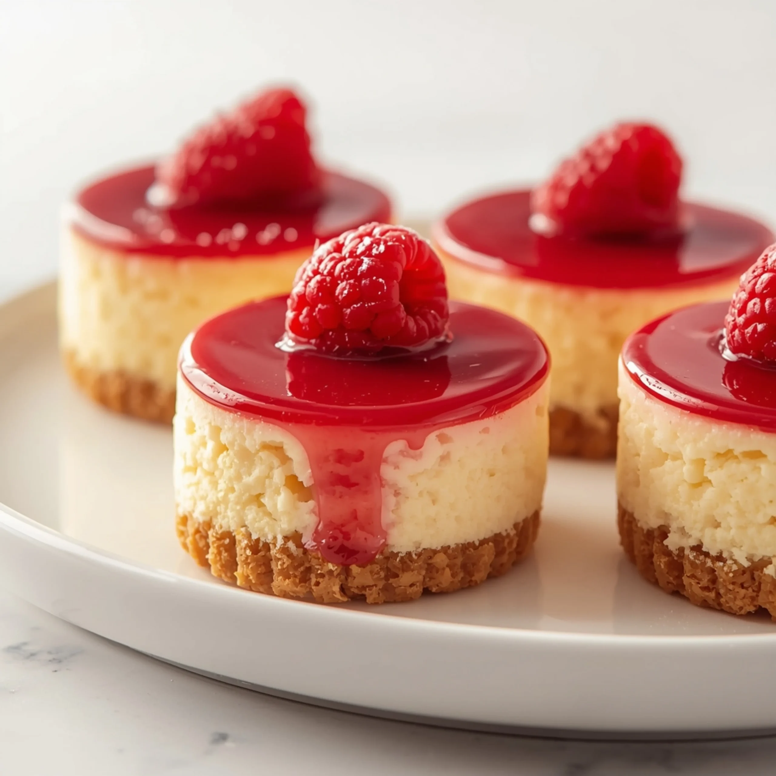 Close-up of Mini Valentine Cheesecakes dessert with a velvety texture, glossy red berry glaze, and elegant fresh raspberry and powdered sugar garnish on a white ceramic plate.